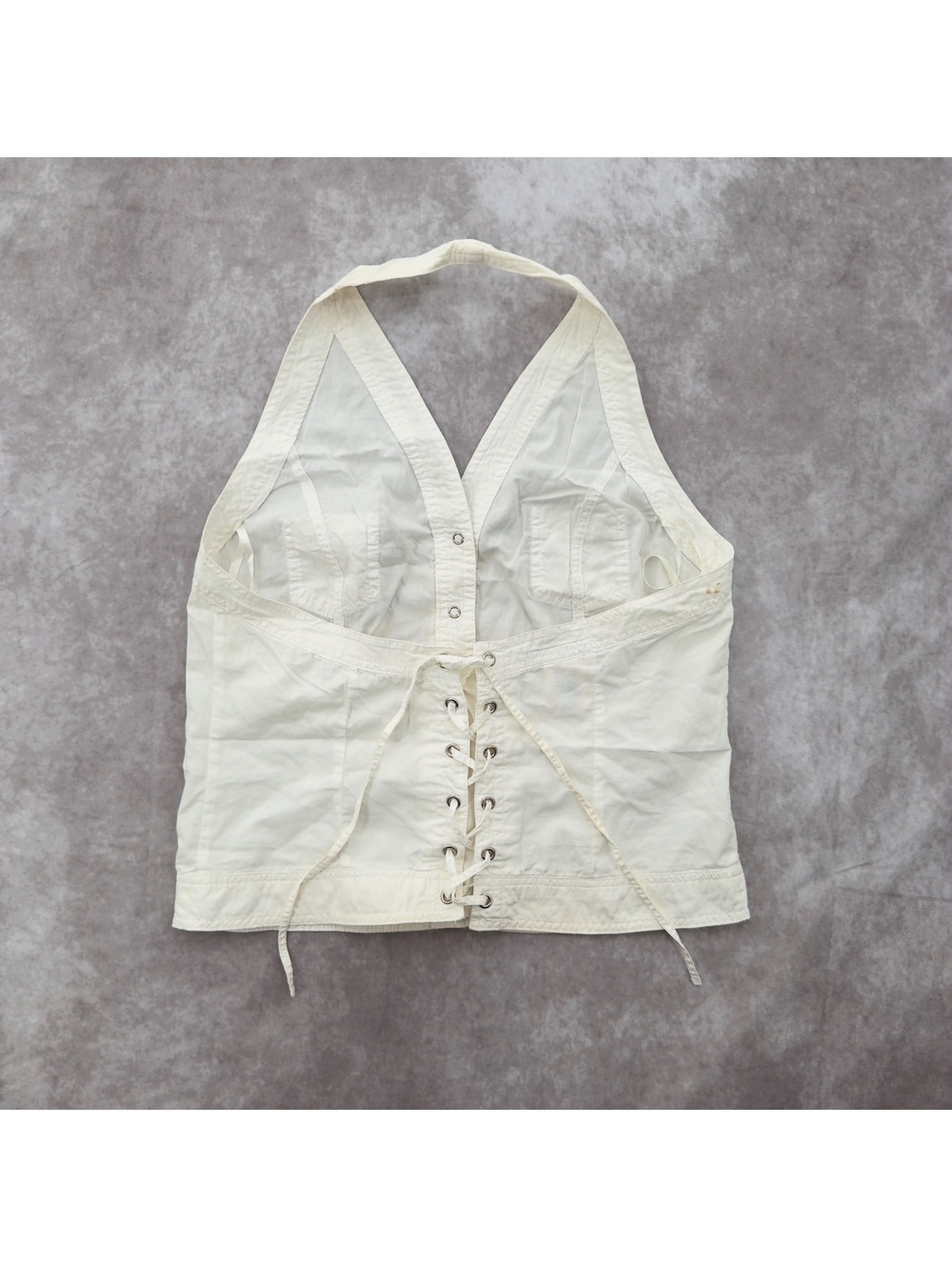 Y2K Faded Glory Cream Halter Vest Lace Up Back Top Size L Vintage
